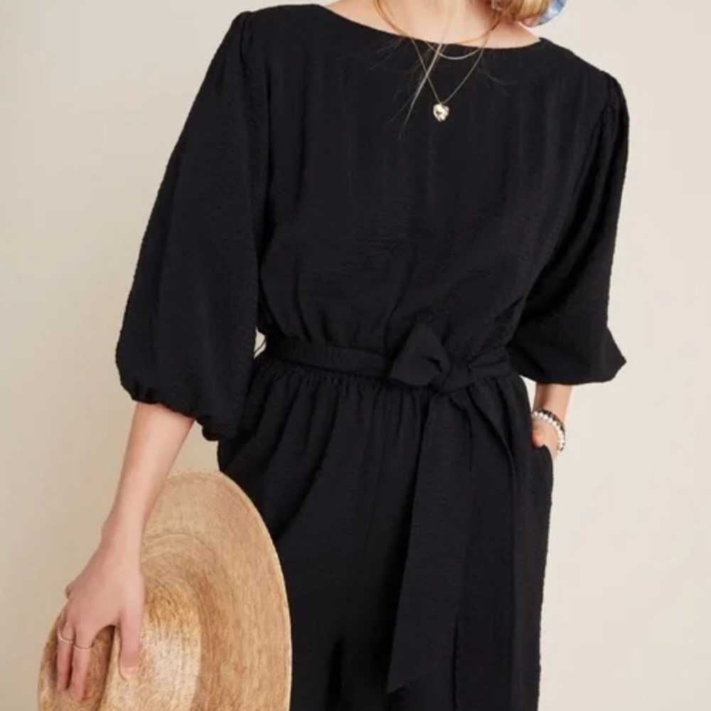 Anthropologie Francesca Balloon-sleeved Romper BLACK Sz XS 3/4 PuffedSleeve Belt